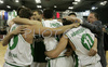 Players of Union Olimpija celebrating their victory after match of 13th round of Basketball Euroleague League between KK Union Olimpija, Ljubljana, Slovenia and Maccabi Elite, Tel Aviv, Israel. Match ended with victory of Union Olimpija, who defeated Maccabi Elite with 77:75. Match between KK Union Olimpija and Maccabi Elite was played in Tivoli Arena in Ljubljana, Slovenia on 25. January 2007.
