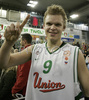Teemu Rannikko (no.9) of Union Olimpija celebrating victory of Union Olimpija after match of 13th round of Basketball Euroleague League between KK Union Olimpija, Ljubljana, Slovenia and Maccabi Elite, Tel Aviv, Israel. Match ended with victory of Union Olimpija, who defeated Maccabi Elite with 77:75. Match between KK Union Olimpija and Maccabi Elite was played in Tivoli Arena in Ljubljana, Slovenia on 25. January 2007.
