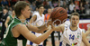 Teemu Rannikko (no. 9) of Union Olimpija (L) and Jure Mocnik (no.14) of Helios Domzale (R) during final match of Spar Cup between KK Union Olimpija, Ljubljana, Slovenia and Helios Domzale, Slovenia. Match ended with victory of Helios Domzale, who defeated Union Olimpija with XX:XX. Match between KK Union Olimpija and Helios Domzale was played in Kodeljevo hall in Ljubljana, Slovenia on 11. February 2007. during final match of Spar Cup between KK Union Olimpija, Ljubljana, Slovenia and Helios Domzale, Slovenia. Match ended with victory of Helios Domzale, who defeated Union Olimpija with 77:70. Match between KK Union Olimpija and Helios Domzale was played in Kodeljevo hall in Ljubljana, Slovenia on 11. February 2007.
