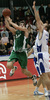 Manuchar Markoishvili (no. 11) of Union Olimpija (L) shooting over Aleksej Laskevic (no.15) of Helios Domzale (R) during final match of Spar Cup between KK Union Olimpija, Ljubljana, Slovenia and Helios Domzale, Slovenia. Match ended with victory of Helios Domzale, who defeated Union Olimpija with 77:70. Match between KK Union Olimpija and Helios Domzale was played in Kodeljevo hall in Ljubljana, Slovenia on 11. February 2007.
