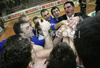 Players of Helios Domzale are celebrating their victory in final match of Spar Cup between KK Union Olimpija, Ljubljana, Slovenia and Helios Domzale, Slovenia. Match ended with victory of Helios Domzale, who defeated Union Olimpija with 77:70. Match between KK Union Olimpija and Helios Domzale was played in Kodeljevo hall in Ljubljana, Slovenia on 11. February 2007.
