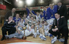 Players of Helios Domzale are celebrating their victory in final match of Spar Cup between KK Union Olimpija, Ljubljana, Slovenia and Helios Domzale, Slovenia. Match ended with victory of Helios Domzale, who defeated Union Olimpija with 77:70. Match between KK Union Olimpija and Helios Domzale was played in Kodeljevo hall in Ljubljana, Slovenia on 11. February 2007.
