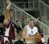 Teemu Rannikko (no.9) of Union Olimpija (M) going through defense of KK Bosna during NLB league match of 21. round between KK Union Olimpija, Ljubljana, Slovenia and KK Bosna Asa BH Telecom, Sarajevo, Bosnia and Hercegovina. Match ended with victory of Union Olimpija, who defeated KK Bosna ASA BTH with 93:68. Match between KK Union Olimpija and KK Bosna Asa BHT was played in Tivoli Arena in Ljubljana, Slovenia on 17. February 2007.
