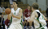 Goran Jurak (no.4) of Union Olimpija (L) passing ball to Teemu Rannikko (no.9) of Union Olimpija (R) during NLB league match of 21. round between KK Union Olimpija, Ljubljana, Slovenia and KK Bosna Asa BH Telecom, Sarajevo, Bosnia and Hercegovina. Match ended with victory of Union Olimpija, who defeated KK Bosna ASA BTH with 93:68. Match between KK Union Olimpija and KK Bosna Asa BHT was played in Tivoli Arena in Ljubljana, Slovenia on 17. February 2007.
