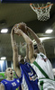 Smiljan Pavic (no.9) of Helios Domzale (M), and Dejan Hohler (no. 10) of Union Olimpija (R) jumping for ball, while Aleksej Laskevic (no.15) of Helios Domzale (L) waiting for outcome during match of 22nd round of Basketball NLB League between KK Union Olimpija, Ljubljana, Slovenia and Helios Domzale, Slovenia. Match ended with victory of Helios Domzale, who defeated Union Olimpija with 64:59. Match between KK Union Olimpija and Helios Domzale was played in Tivoli Arena in Ljubljana, Slovenia on 25. January 2007.
