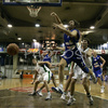 Robert Troha (no.7) of Helios Domzale (front) and Manuchar Markoishvili (no. 11) of Union Olimpija (back) during match of 22nd round of Basketball NLB League between KK Union Olimpija, Ljubljana, Slovenia and Helios Domzale, Slovenia. Match ended with victory of Helios Domzale, who defeated Union Olimpija with 64:59. Match between KK Union Olimpija and Helios Domzale was played in Tivoli Arena in Ljubljana, Slovenia on 25. January 2007.
