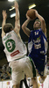 Jure Mocnik (no.14) of Helios Domzale (R) and Teemu Rannikko (no. 9) of Union Olimpija (L) during match of 22nd round of Basketball NLB League between KK Union Olimpija, Ljubljana, Slovenia and Helios Domzale, Slovenia. Match ended with victory of Helios Domzale, who defeated Union Olimpija with 64:59. Match between KK Union Olimpija and Helios Domzale was played in Tivoli Arena in Ljubljana, Slovenia on 25. January 2007.
