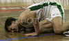 Goran Juran (no.4) of Union Olimpija laying on floor in pain after injuring his ankle during match of 22nd round of Basketball NLB League between KK Union Olimpija, Ljubljana, Slovenia and Helios Domzale, Slovenia. Match ended with victory of Helios Domzale, who defeated Union Olimpija with 64:59. Match between KK Union Olimpija and Helios Domzale was played in Tivoli Arena in Ljubljana, Slovenia on 25. January 2007.
