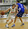 Teemu Rannikko (no.9) of Union Olimpija (L) attacking and passing by Miha Zalokar (no.6) of Helios Domzale (R) during match of 6th round of UPC Telemach Basketball League between KK Union Olimpija, Ljubljana, Slovenia and Helios Domzale, Slovenia. Match ended with victory of Helios Domzale, who defeated Union Olimpija with 82:87. Match between KK Union Olimpija and Helios Domzale was played in Tivoli Arena in Ljubljana, Slovenia on 14. April 2007.
