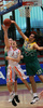 Dejan Mlakar (no.7) of Geoplin Slovan (M) jumping for ball with Slobodan Ocokoljic (no.13) of Zlatorog (R) during match of 12th round of Basketball UPC Telemach League for National champion between Geoplin Slovan, Ljubljana, Slovenia and Zlatorog Lasko, Slovenia. Match ended with victory of Zlatorog, who defeated Geoplin Slovan with 100:96. Match between Geoplin Slovan and Zlatorog was played in Kodeljevo hall in Ljubljana, Slovenia on 5th. May 2007.
