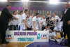 Players of Helios Domzale celebrating after winning last match Basketball National Championship finals between Helios Domzale, Slovenia and KK Union Olimpija, Ljubljana, Slovenia. Match ended with victory of Helios Domzale, who defeated Union Olimpija with 82:65. Match between Helios Domzale and KK Union Olimpija was played in Domzale, Slovenia on 10. June 2007. With this victory Helios Domzale won National champion title for year 2007.
