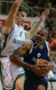 Tony Parker (no.9) of France (R) attacking next to Goran Dragic (no.7) of Slovenia (L) during friendly match between Slovenia and France. Match ended with victory of France, who defeated Slovenia with 87:90. Match between Slovenia and France was played in Tabor Arena in Maribor, Slovenia on 25. August 2007.
