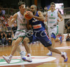 Tony Parker (no.9) of France (R) attacking next to Goran Dragic (no.7) of Slovenia (L) during friendly match between Slovenia and France. Match ended with victory of France, who defeated Slovenia with 87:90. Match between Slovenia and France was played in Tabor Arena in Maribor, Slovenia on 25. August 2007.
