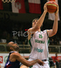 Erazem Lorbek (no.15) of Slovenia (R) scoring over Tony Parker (no.9) of France (L) during friendly match between Slovenia and France. Match ended with victory of France, who defeated Slovenia with 87:90. Match between Slovenia and France was played in Tabor Arena in Maribor, Slovenia on 25. August 2007.
