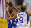 Reeta Piipari (no.4) of Finland (L) and Maja Erkic (no.9) of Slovenia (R) during match of additional qualification round for Women Basketball European Championships between Slovenia and Finland. Match ended with victory of Slovenia, who defeated Finland with 72:56. Match between Slovenia and Finland was played in Slovenske Konjice, Slovenia on 5. September 2007.
