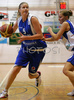 Taru Tuukkanen of Finland (L) and Ziva Zajec of Slovenia (R) during match of additional qualification round for Women Basketball European Championships between Slovenia and Finland. Match ended with victory of Slovenia, who defeated Finland with 72:56. Match between Slovenia and Finland was played in Slovenske Konjice, Slovenia on 5. September 2007.
