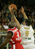 Roderick Blakney (no.4) of Olympiacos (L) and Goran Dragic (no.9) of Union Olimpija (R) jumping for ball during match of 2nd round of Basketball Euroleague between Union Olimpija, Ljubljana, Slovenia and Olympiacos, Piraeus, Greece. Match ended with victory of Union Olimpija, who defeated Olympiacos with 87:78. Match between KK Union Olimpija and Olympiacos was played in Tivoli Arena in Ljubljana, Slovenia on 1. November 2007.
