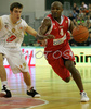 Roderick Blakney (no.4) of Olympiacos (R) and Goran Dragic (no.9) of Union Olimpija (L) during match of 2nd round of Basketball Euroleague between Union Olimpija, Ljubljana, Slovenia and Olympiacos, Piraeus, Greece. Match ended with victory of Union Olimpija, who defeated Olympiacos with 87:78. Match between KK Union Olimpija and Olympiacos was played in Tivoli Arena in Ljubljana, Slovenia on 1. November 2007.
