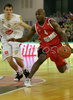 Roderick Blakney (no.4) of Olympiacos (R) and Goran Dragic (no.9) of Union Olimpija (L) during match of 2nd round of Basketball Euroleague between Union Olimpija, Ljubljana, Slovenia and Olympiacos, Piraeus, Greece. Match ended with victory of Union Olimpija, who defeated Olympiacos with 87:78. Match between KK Union Olimpija and Olympiacos was played in Tivoli Arena in Ljubljana, Slovenia on 1. November 2007.
