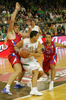 Marko Milic (no.12) of Union Olimpija (M), Matjaz Smodis (no.8) of CSKA Moscow (L) and Trajan Langdon (no.21) of CSKA Moscow (R) during match of 3nd round of Basketball Euroleague between Union Olimpija, Ljubljana, Slovenia and CSKA Moscow, Russia. Match ended with victory of Union Olimpija, who defeated CSKA Moscow with 74:72. Match between KK Union Olimpija and CSKA was played in Tivoli Arena in Ljubljana, Slovenia on 7. November 2007.

