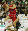 Theodoros Papaloukas (no.4) of CSKA Moscow (L) and Jasmin Hukic (no.13) of Union Olimpija (R) during match of 3nd round of Basketball Euroleague between Union Olimpija, Ljubljana, Slovenia and CSKA Moscow, Russia. Match ended with victory of Union Olimpija, who defeated CSKA Moscow with 74:72. Match between KK Union Olimpija and CSKA was played in Tivoli Arena in Ljubljana, Slovenia on 7. November 2007.
