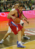 Matjaz Smodis (no.8) of CSKA Moscow (front) and Miha Zupan (no.24) of Union Olimpija (back) during match of 3nd round of Basketball Euroleague between Union Olimpija, Ljubljana, Slovenia and CSKA Moscow, Russia. Match ended with victory of Union Olimpija, who defeated CSKA Moscow with 74:72. Match between KK Union Olimpija and CSKA was played in Tivoli Arena in Ljubljana, Slovenia on 7. November 2007.
