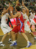 Matjaz Smodis (no.8) of CSKA Moscow (M) between Jasmin Hukic (no.13) of Union Olimpija (L) and Miha Zupan (no.24) of Union Olimpija (R) during match of 3nd round of Basketball Euroleague between Union Olimpija, Ljubljana, Slovenia and CSKA Moscow, Russia. Match ended with victory of Union Olimpija, who defeated CSKA Moscow with 74:72. Match between KK Union Olimpija and CSKA was played in Tivoli Arena in Ljubljana, Slovenia on 7. November 2007.
