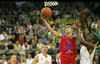 Nikolaos Zisis (no.6) of CSKA Moscow (L) shooting next to Ronell Taylor (no.30) of Union Olimpija during match of 3nd round of Basketball Euroleague between Union Olimpija, Ljubljana, Slovenia and CSKA Moscow, Russia. Match ended with victory of Union Olimpija, who defeated CSKA Moscow with 74:72. Match between KK Union Olimpija and CSKA was played in Tivoli Arena in Ljubljana, Slovenia on 7. November 2007.
