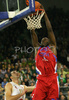 Marcus Goree (no.22) of CSKA Moscow (R) scores over Jasmin Hukic (no.13) of Union Olimpija (L) during match of 3nd round of Basketball Euroleague between Union Olimpija, Ljubljana, Slovenia and CSKA Moscow, Russia. Match ended with victory of Union Olimpija, who defeated CSKA Moscow with 74:72. Match between KK Union Olimpija and CSKA was played in Tivoli Arena in Ljubljana, Slovenia on 7. November 2007.
