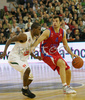 Theodoros Papaloukas (no.4) of CSKA Moscow (R) and Ronell Taylor (no.30) of Union Olimpija (L) during match of 3nd round of Basketball Euroleague between Union Olimpija, Ljubljana, Slovenia and CSKA Moscow, Russia. Match ended with victory of Union Olimpija, who defeated CSKA Moscow with 74:72. Match between KK Union Olimpija and CSKA was played in Tivoli Arena in Ljubljana, Slovenia on 7. November 2007.
