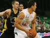 Marko Milic (no.12) of Union Olimpija (R) and Tomas Masiulis (no.7) of Prokom Trefl (L) during match of 7th round of Basketball Euroleague between Union Olimpija, Ljubljana, Slovenia and Prokom Trefl Sopot, Sopot, Poland. Match ended with victory of Union Olimpija, who defeated Prokom Trefl with 68:49. Match between KK Union Olimpija and Prokom Trefl was played in Tivoli Arena in Ljubljana, Slovenia on 6. December 2007.
