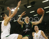 Rimantas Kaukenas (no.13) of Montepaschi Siena going for points while Hasan Rizvic (no.1) of Union Olimpija (L) is trying to block Kaukenas during match of 8th round of Basketball Euroleague between Union Olimpija, Ljubljana, Slovenia and Montepaschi Siena, Italy. Match between KK Union Olimpija and Montepaschi Siena was played in Tivoli Arena in Ljubljana, Slovenia on 13. December 2007.
