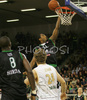 Bootsy Thornton (no.11) of Montepaschi Siena (back) scoring over Miha Zupan (no.24) of Union Olimpija (front) during match of 8th round of Basketball Euroleague between Union Olimpija, Ljubljana, Slovenia and Montepaschi Siena, Italy. Match between KK Union Olimpija and Montepaschi Siena was played in Tivoli Arena in Ljubljana, Slovenia on 13. December 2007.
