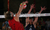 Andrej Flajs and Rok Satler of VKH Tv Pika and Gregor Perhaj and Alen Djordjevic Kamenik of Boznar and Partner during final match of Men National championships in beach volleyball between team VKH Tv Pika and team Boznar and Partner. Final match of Men National championships in beach volleyball was held in Kranj, Slovenia on 28th of July 2007. Match was won by VKH Tv Pika.
