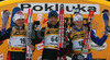 Winner Ole Einar Bjoerndalen of Norway (M), second placed Raphael Poiree of France (L) and third placed Carl Johan Bergman of Sweden (R) celebrating their medals after men sprint race of e.on Ruhrgas IBU Biathlon World cup which was held on Pokljuka, Slovenia on 8.March 2006.
