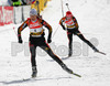 Simone Denkinger of Germany (L) and Andrea Henkel of Germany (R) skiing during women pursuit race of e.on Ruhrgas IBU Biathlon World cup which was held on Pokljuka, Slovenia on 11.March 2006.
