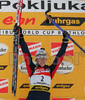 Winner Sandrine Bailly of France celebrating her victory in women pursuit race of e.on Ruhrgas IBU Biathlon World cup which was held on Pokljuka, Slovenia on 11.March 2006.
