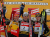 Winner Sandrine Bailly of France (M), second placed Kati Wilhelm of Germany (L) and third placed Katrin Apel of Germany (R) celebrating their medals in women pursuit race of e.on Ruhrgas IBU Biathlon World cup which was held on Pokljuka, Slovenia on 11.March 2006.
