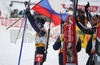 Russian relay celebrating their victory in mixed relay race of IBU Biathlon World Championship which was held on Pokljuka, Slovenia on 12.March 2006. Race was won by relay of Russia, relay of Norway placed second, while relay of France finished third.

