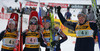 Russian relay celebrating their victory in mixed relay race of IBU Biathlon World Championship which was held on Pokljuka, Slovenia on 12.March 2006. Race was won by relay of Russia, relay of Norway placed second, while relay of France finished third.
