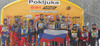 Winning relay of Russia with members Anna Bogaliy-Titovets, Sergei Tchepikov, Irina Malgina and Nikolay Kruglov (M), second placed team of Norway with members Linda Tjörhom, Halvard Hanevold, Tora Berger and Ole Einar Bjoerndalen (L) and third placed team of France with members Florence Baverel-Robert, Vincent Defrasne, Sandrine Bailly and Raphael Poiree (R) celebrating their medals won in mixed relay race of IBU Biathlon World Championship which was held on Pokljuka, Slovenia on 12.March 2006.
