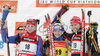 Winner Anna Carin Olofsson of Sweden (M), second placed Tatiana Moiseeva of Russia (L) and third placed Kati Wilhelm of Germany (R) celebrating their medals after women sprint race on Pokljuka, Slovenia. IBU Biathlon World Cup sprint race was held on Pokljuka, Slovenia on 17th of January 2007.
