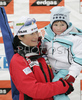 Andreja Koblar of Slovenia with her son Tjus saying goodbye to her fans, her teammates and coaches of Slovene Biathlon team she finished her last race of her career, women sprint race on Pokljuka, Slovenia. IBU Biathlon World Cup sprint race was held on Pokljuka, Slovenia on 17th of January 2007.
