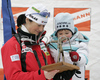 Andreja Koblar of Slovenia with her son Tjus saying goodbye to her fans, her teammates and coaches of Slovene Biathlon team she finished her last race of her career, women sprint race on Pokljuka, Slovenia. IBU Biathlon World Cup sprint race was held on Pokljuka, Slovenia on 17th of January 2007.
