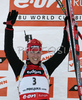 Winner Kati Wilhelm of Germany celebrating her  medal won in women pursuit race on Pokljuka, Slovenia. IBU Biathlon World Cup sprint race was held on Pokljuka, Slovenia on 19th of January 2007.
