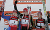 Winner Kati Wilhelm of Germany (M), second placed Tatiana Moiseeva of Russia (L) and third placed Natalya Sokolova of Belarus (R) celebrating their medals won in women pursuit race on Pokljuka, Slovenia. IBU Biathlon World Cup sprint race was held on Pokljuka, Slovenia on 19th of January 2007.
