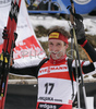 Winner Christoph Sumann of Austria celebrating his victory after he crossed finish line of men pursuit race on Pokljuka, Slovenia. IBU Biathlon World Cup sprint race was held on Pokljuka, Slovenia on 20th of January 2007.
