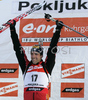 Winner Christoph Sumann of Austria  celebrating his  medal won in men pursuit race on Pokljuka, Slovenia. IBU Biathlon World Cup sprint race was held on Pokljuka, Slovenia on 20th of January 2007.

