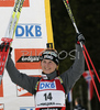 Third placed Tadeja Brankovic of Slovenia celebrating her medal won in women mass start race on Pokljuka, Slovenia. IBU Biathlon World Cup sprint race was held on Pokljuka, Slovenia on 21th of January 2007.
