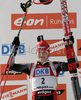 Second placed Kati Wilhelm of Germany celebrating her medal won in women mass start race on Pokljuka, Slovenia. IBU Biathlon World Cup sprint race was held on Pokljuka, Slovenia on 21th of January 2007.
